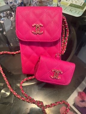 Quilted Hot Pink Crossbody Phone Bag with Chain and Mini Pouch